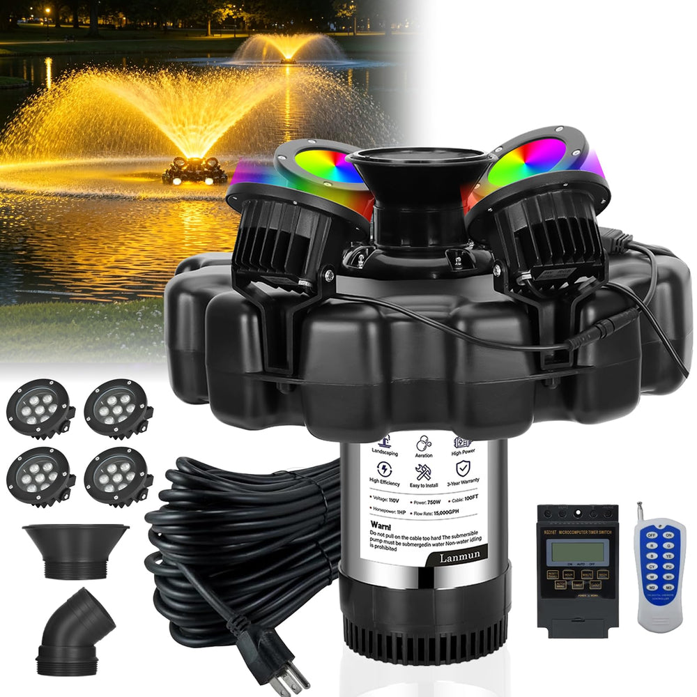 Lanmun front view of floating fountain showing full setup and benefit of combined aeration and lighting