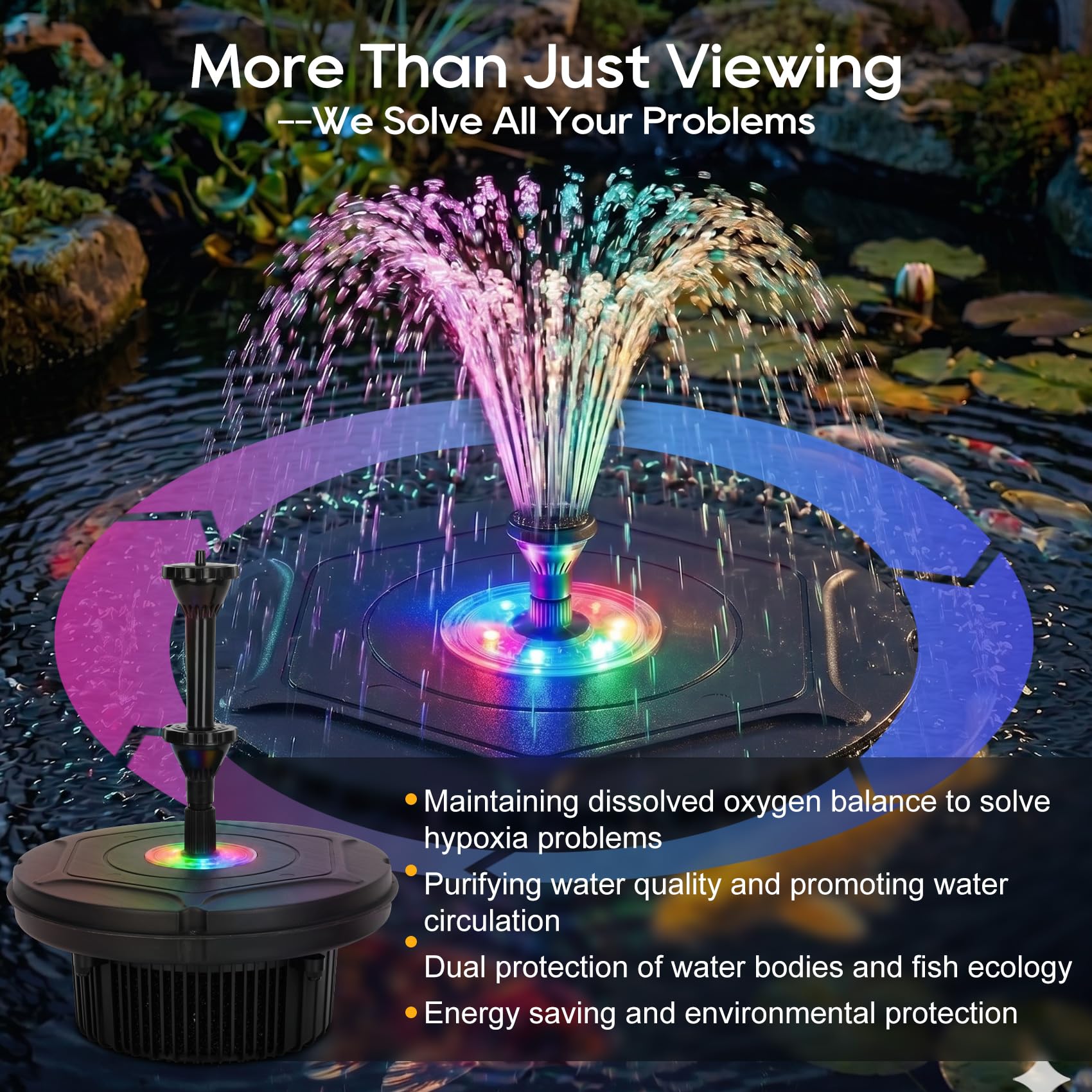 Lanmun fountain in pond with fish and plants improving water movement and oxygen