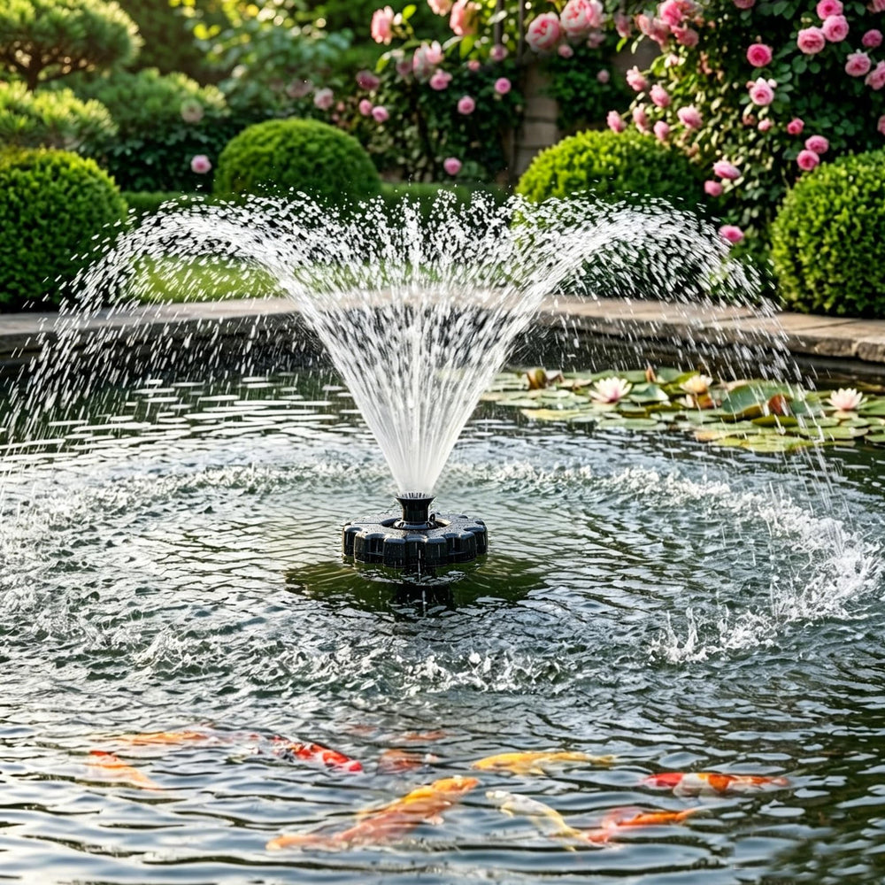 Lanmun fountain installed in pond lifestyle shot showing enhanced landscape appeal