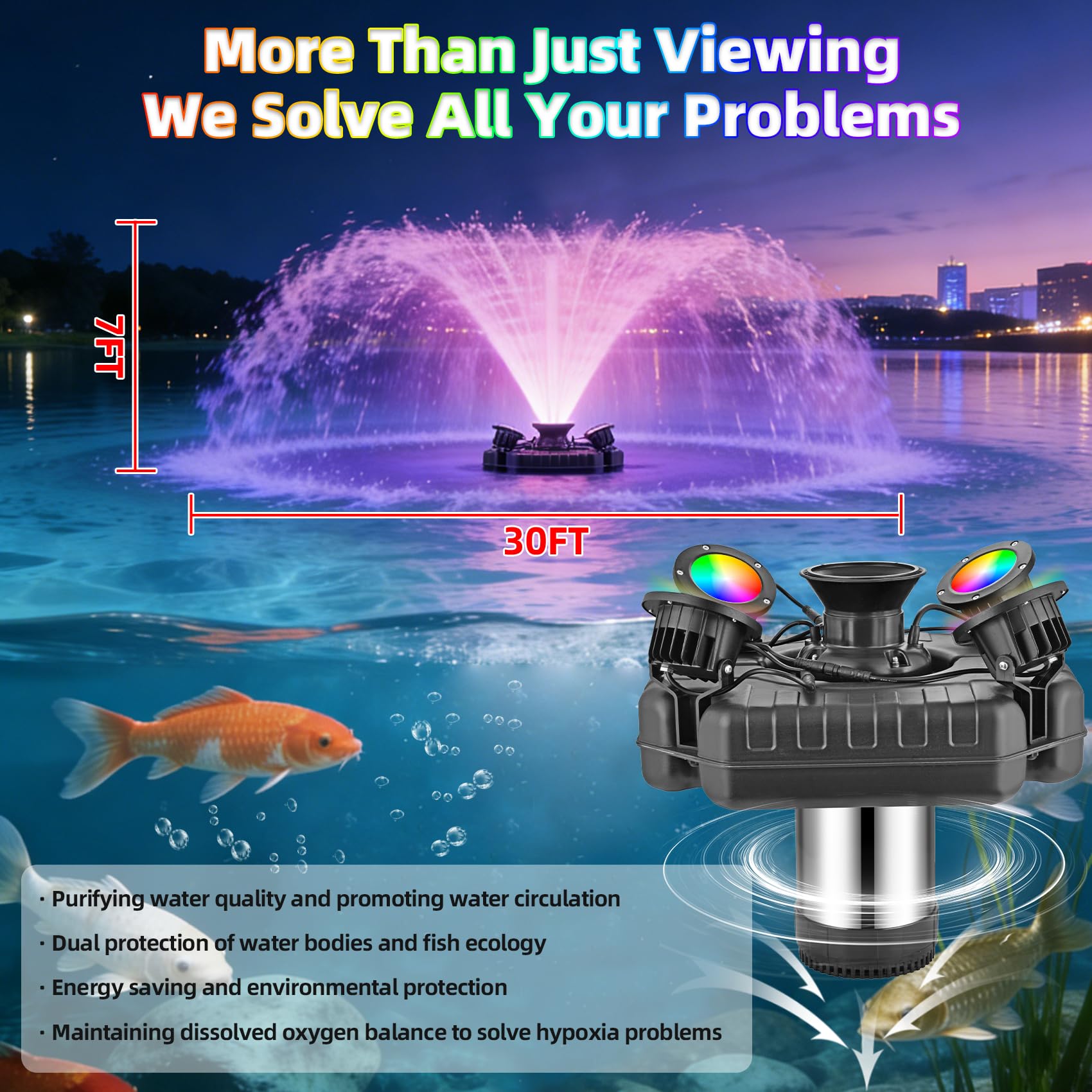 Lanmun fountain at night with LEDs creating vibrant visual focal point