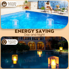 LanPool floating in pool at night with warm flame effect creating ambiance