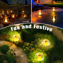 LanPool solar orb on lawn at night enhancing outdoor party atmosphere