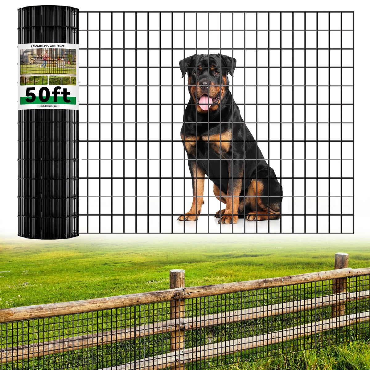 Lansybel fence roll front view showing neat packaging and length benefit
