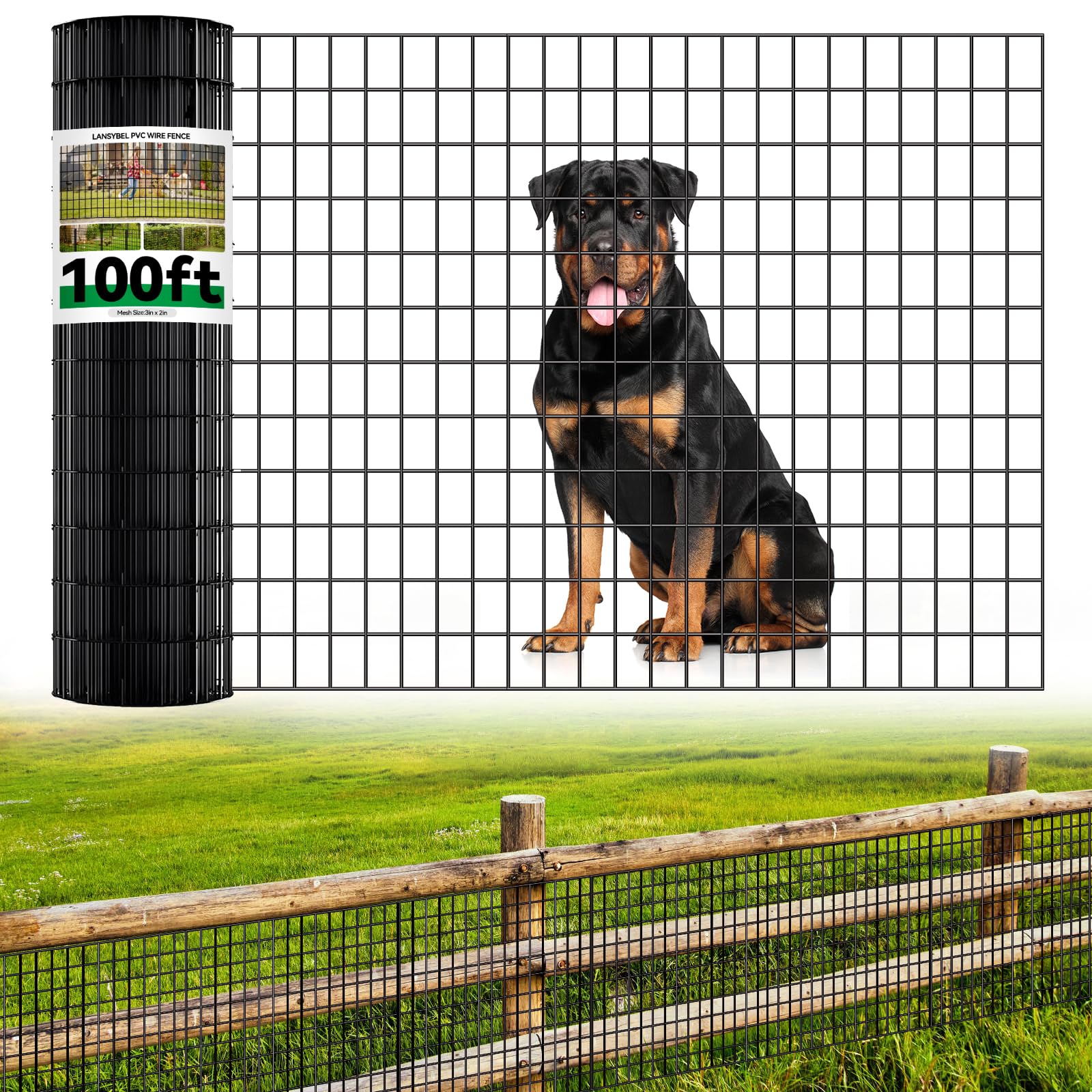 Lansybel front view of PVC-coated welded wire fence roll showing neat packaging and benefit of rust resistance