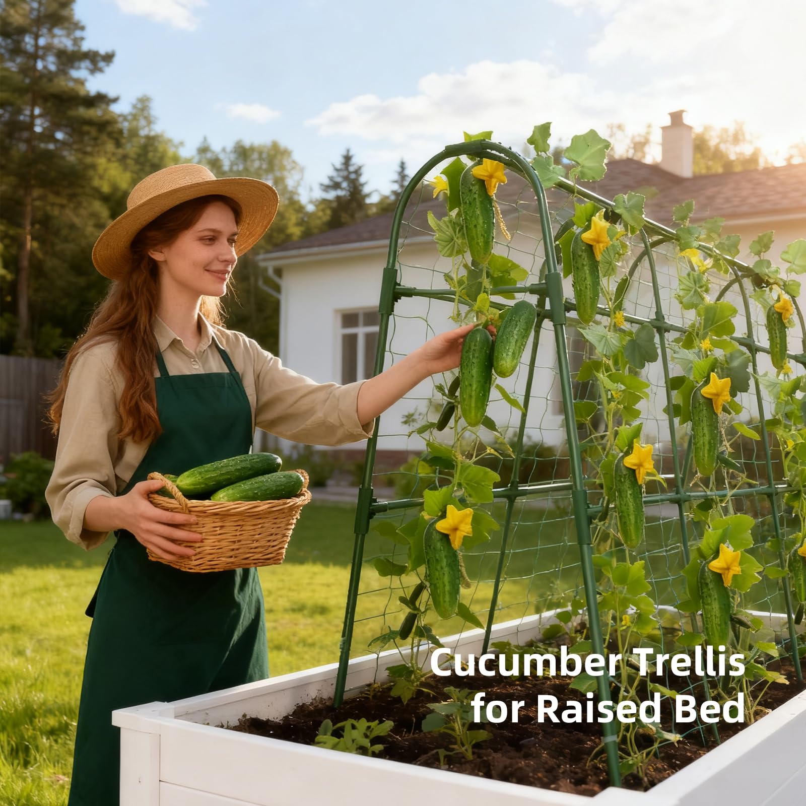 Laodier trellis beside raised bed illustrating size and space-saving advantage