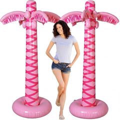 LaRandom front view of two pink inflatable palm trees showing bright decor benefit