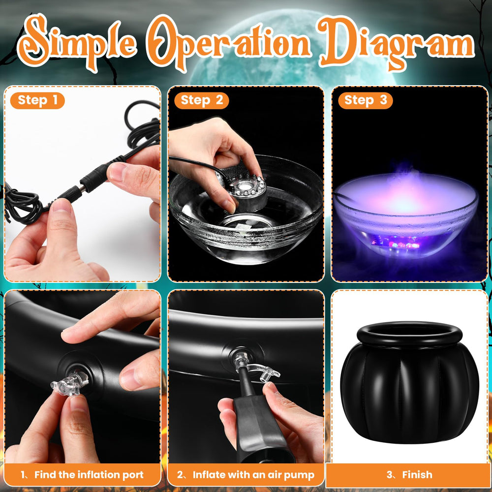 LaRandom LED mist maker producing green fog inside cauldron for atmosphere