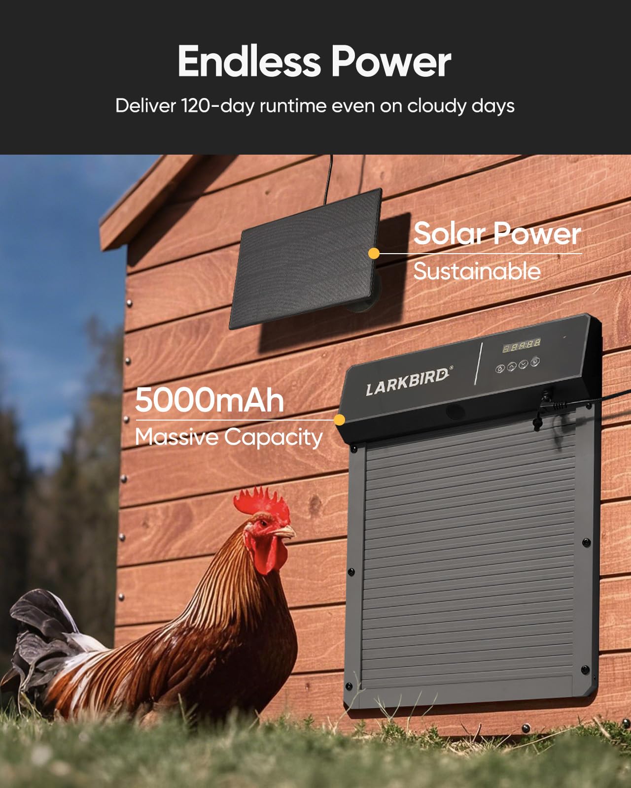 LARKBIRD battery compartment open showing large battery reliability benefit