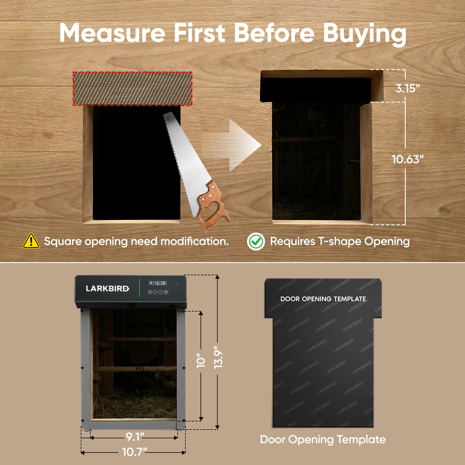 LARKBIRD closeup control panel and label highlighting easy setup benefits