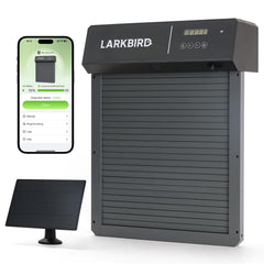 LARKBIRD front view of gray coop door showing secure closure benefit