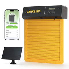 LARKBIRD front view yellow coop door showing durable housing and visibility benefits