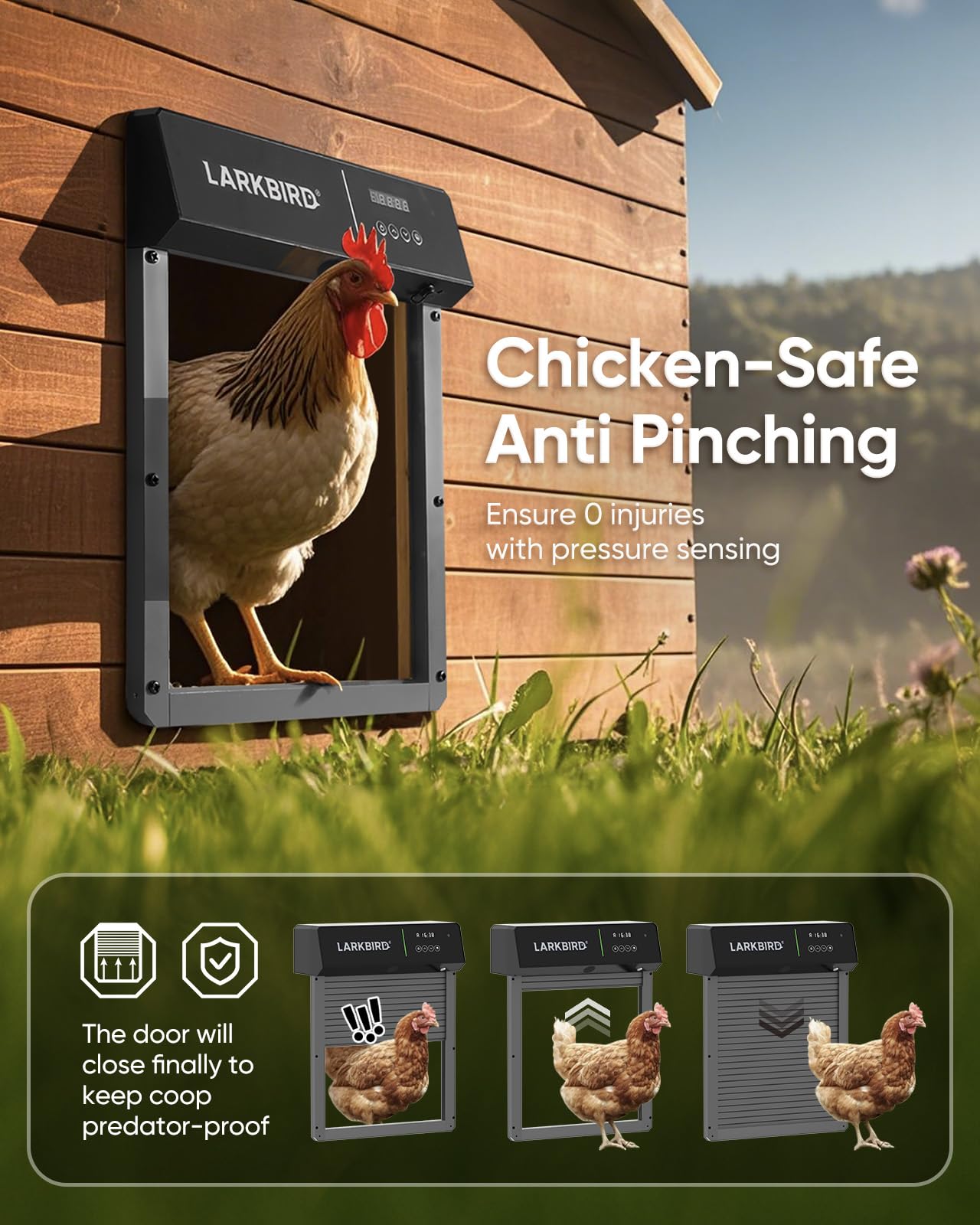 LARKBIRD unit installed on a wooden coop demonstrating weather resistance benefit