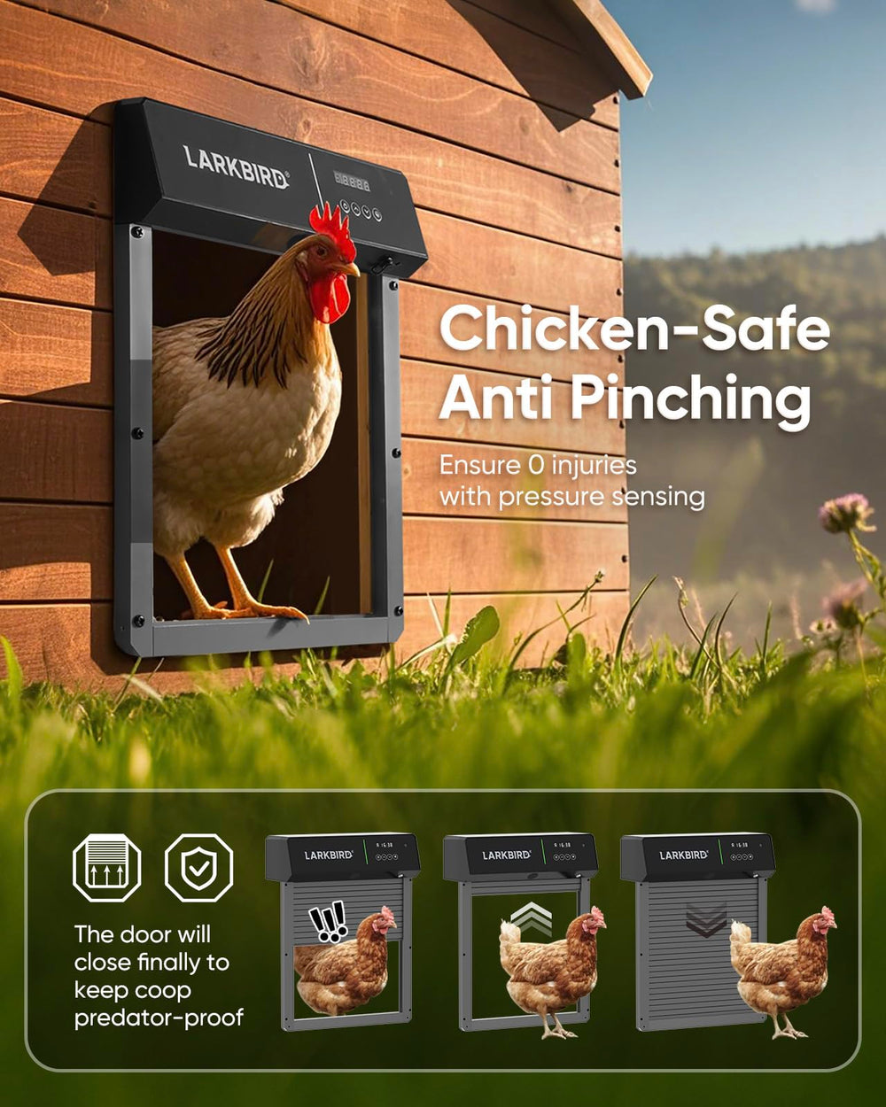LARKBIRD unit installed on a wooden coop demonstrating weather resistance benefit
