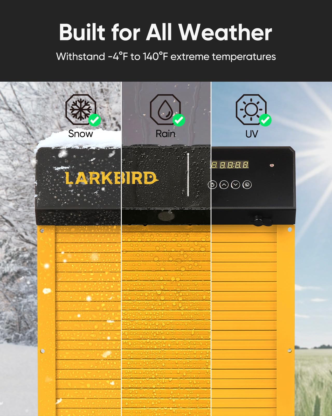 LARKBIRD installed on backyard coop in daylight illustrating real-world durability