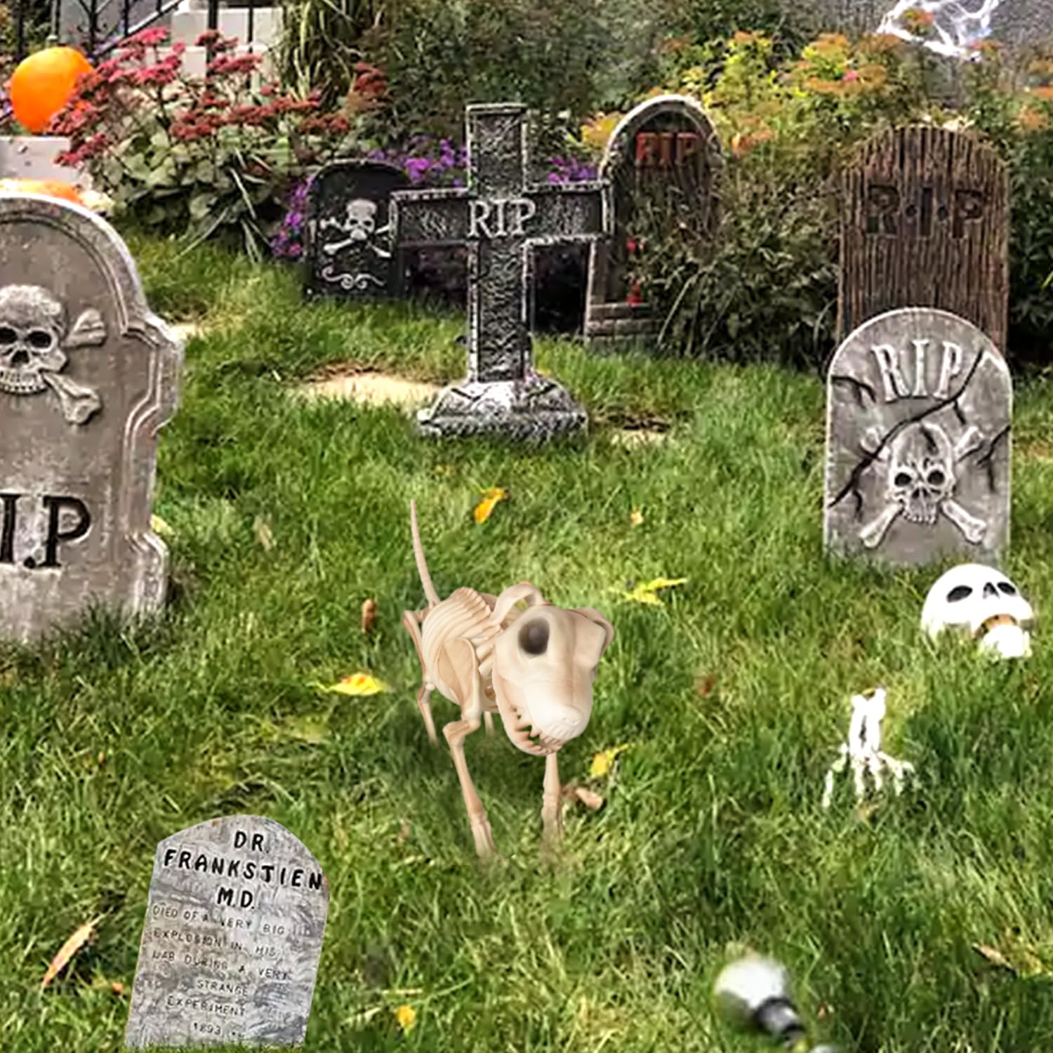 LarpGears skeleton dog on porch scene demonstrating outdoor haunted ambiance