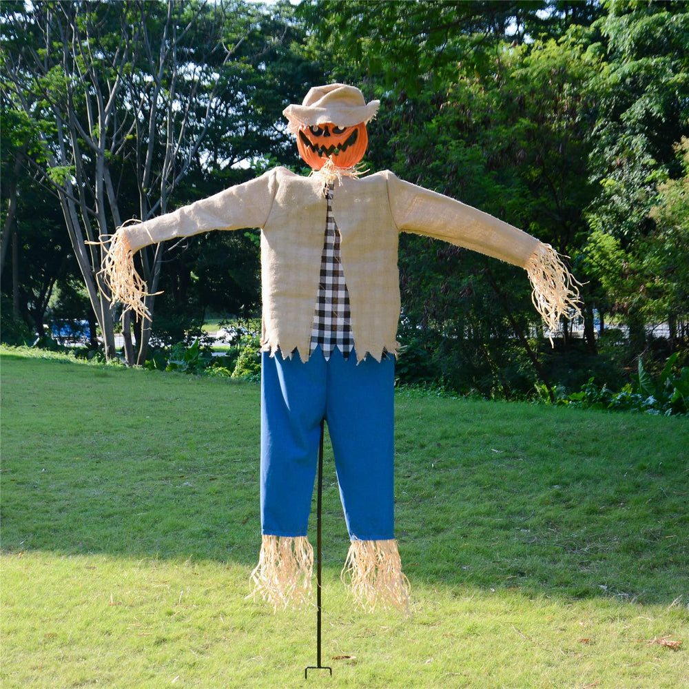 LarpGears front view of 7.5ft pumpkin scarecrow delivering spooky curb appeal