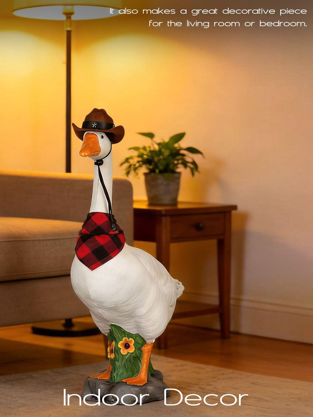 LarpGears goose beside a chair to show 23-inch height for scale and fit