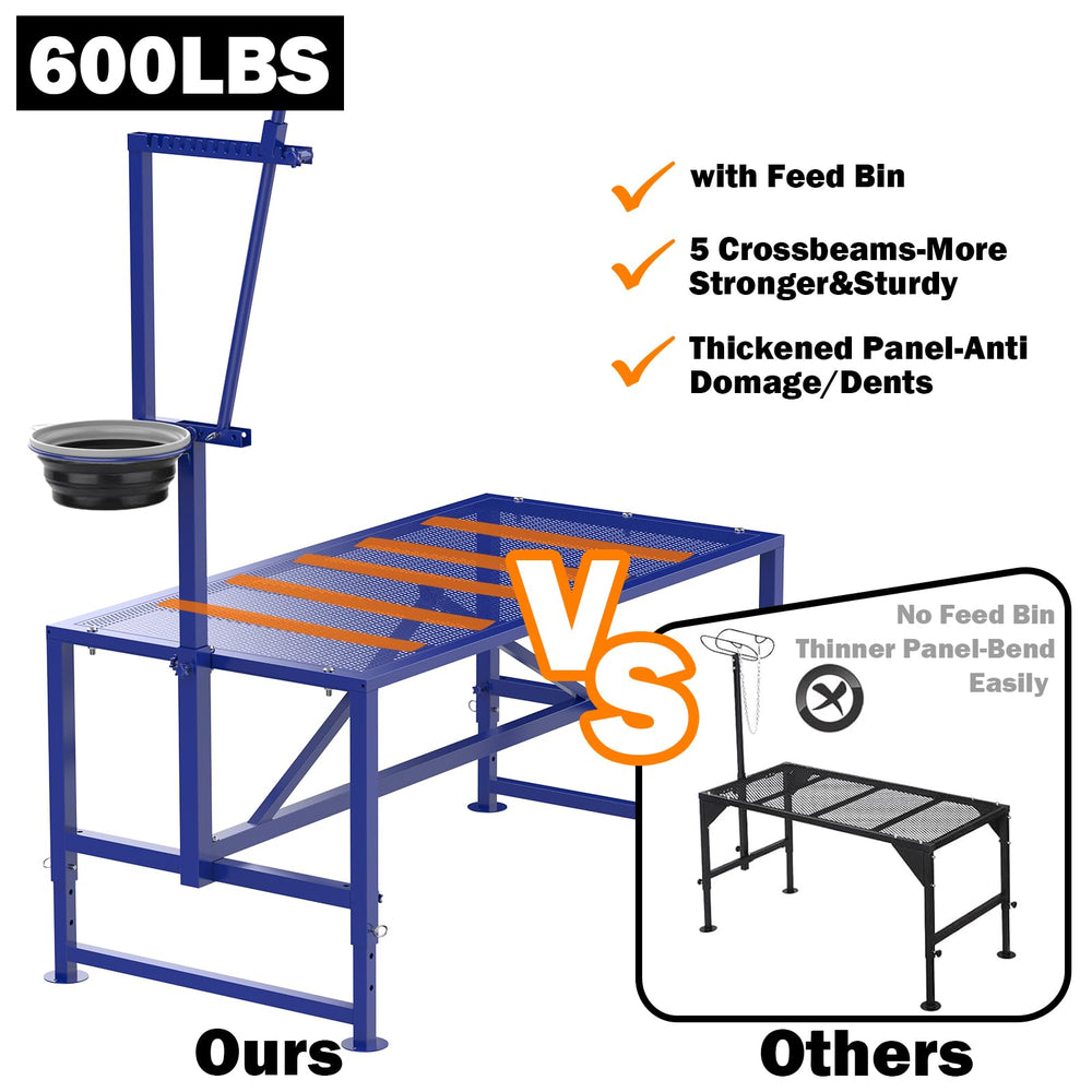 Larrik feed bin and head rest showing animal comfort and hands-free feeding benefit