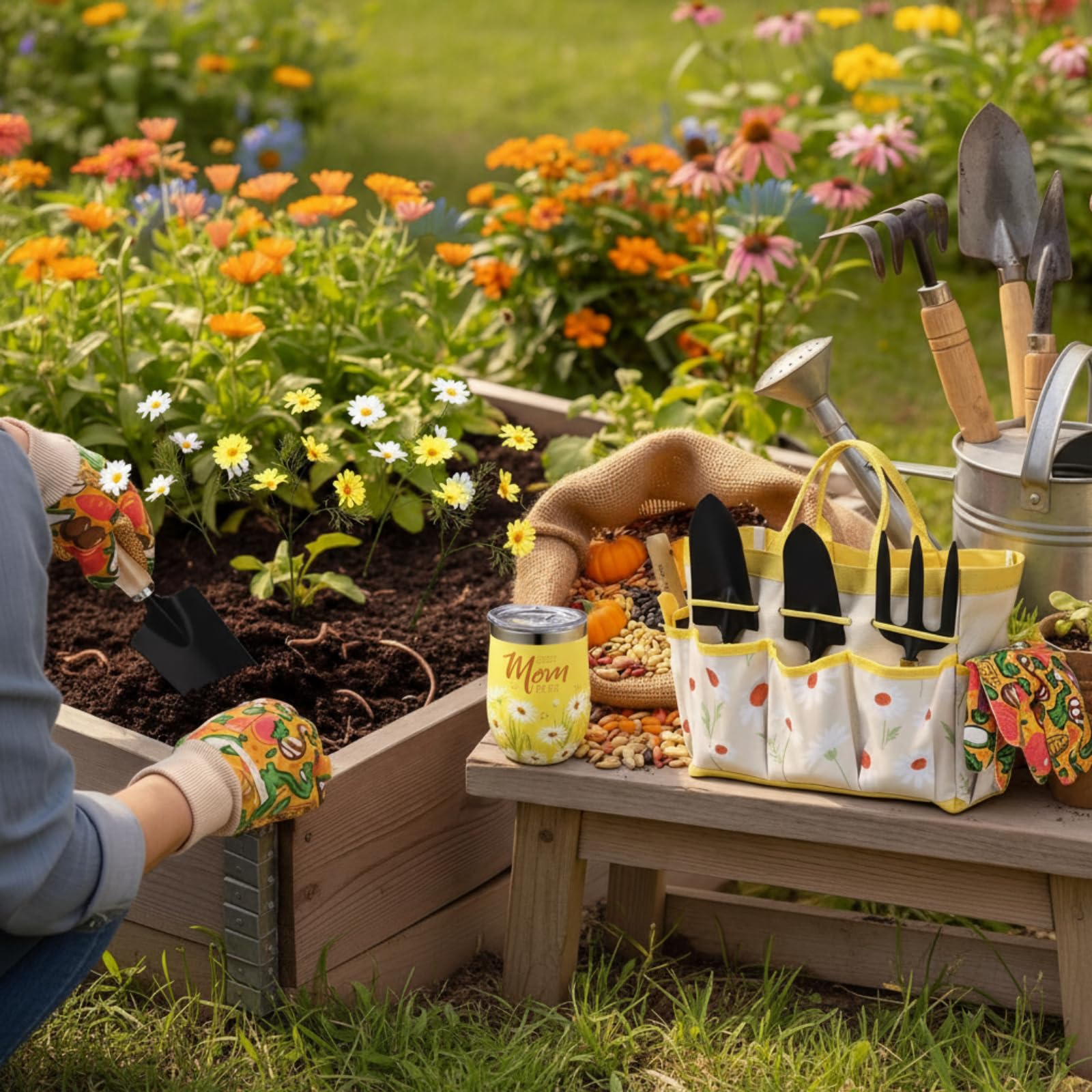Lasnten tote bag filled with tools in a garden scene for easy transport and organization