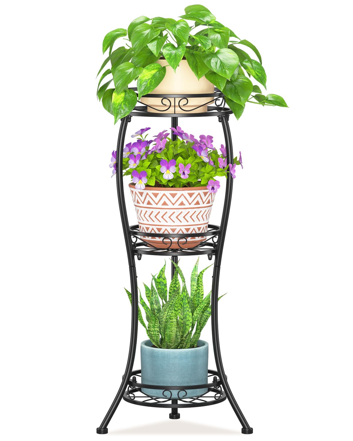 LASZOLA front view of black corner plant stand showing compact footprint and style