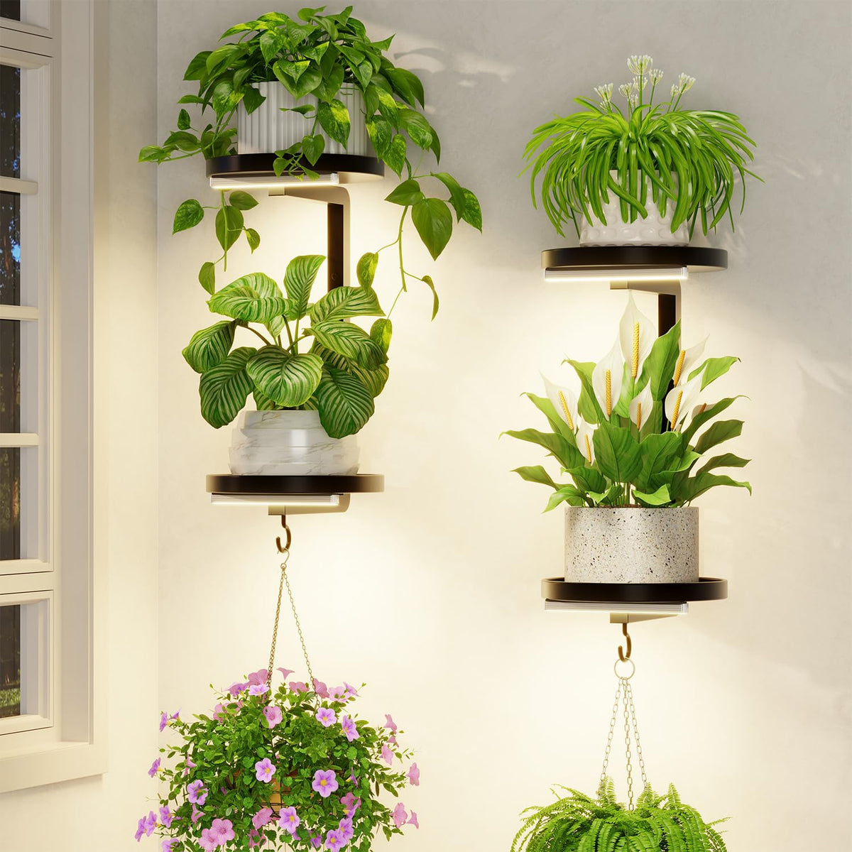 LASZOLA front view mounted with plants showing stylish space-saving display
