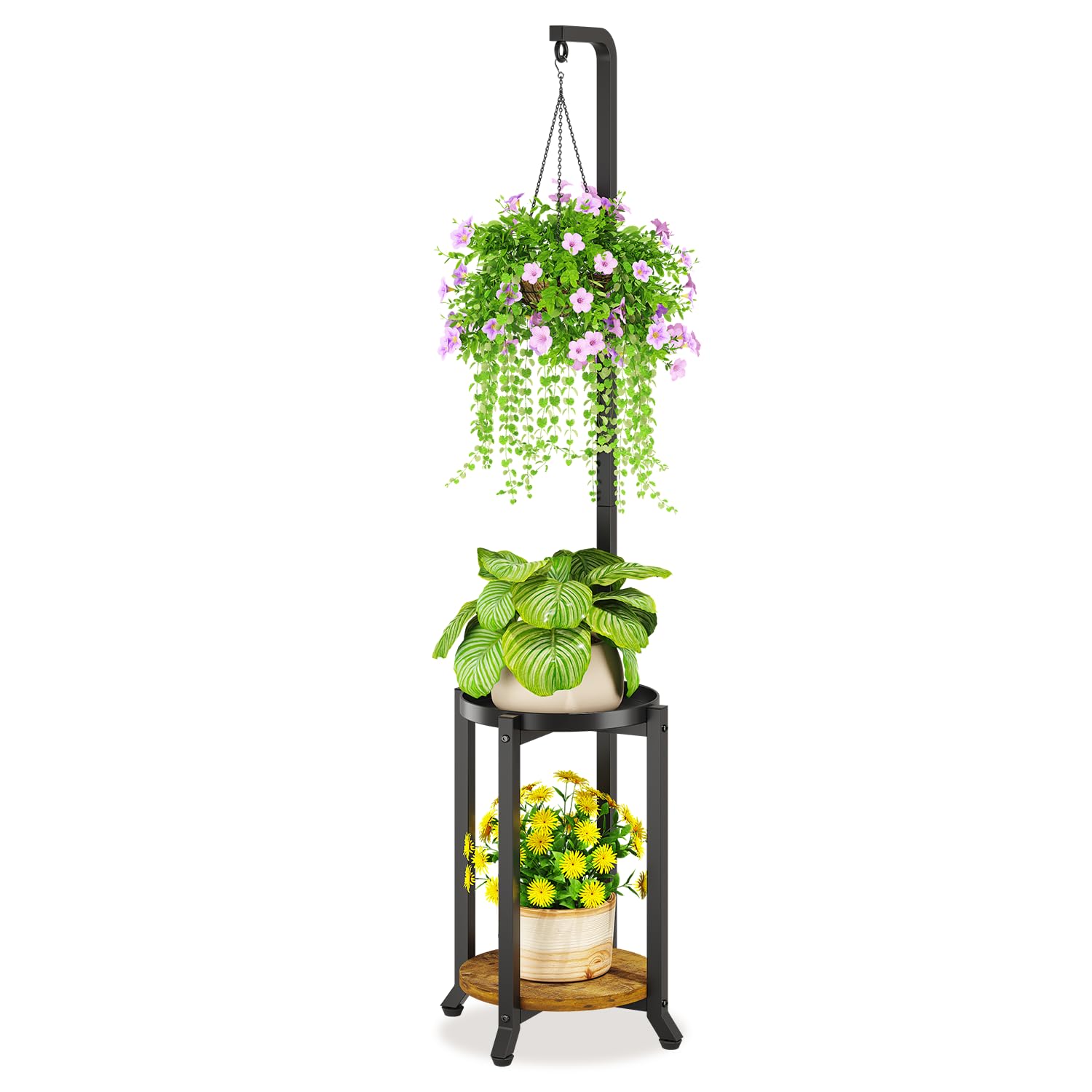 LASZOLA front view of tall 2-tier plant stand shows vertical space-saving display benefit