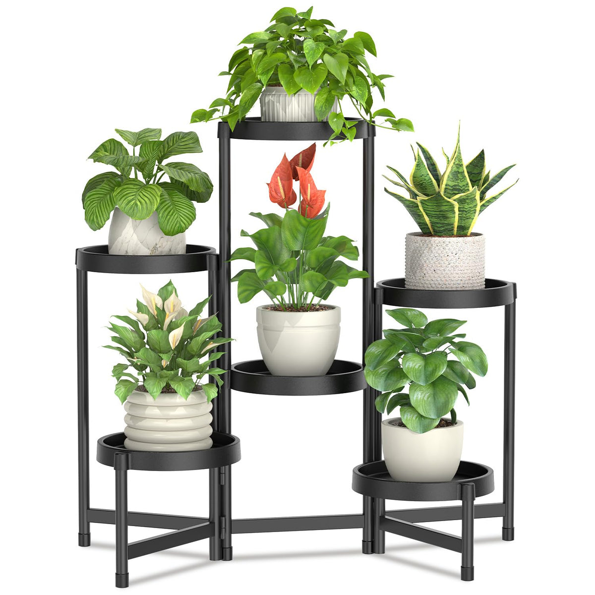 LASZOLA front view tall plant stand showing sleek black finish and space savings
