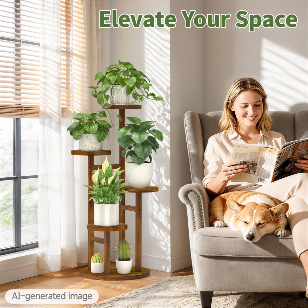 LASZOLA plant stand styled in living room creating a cozy green focal point