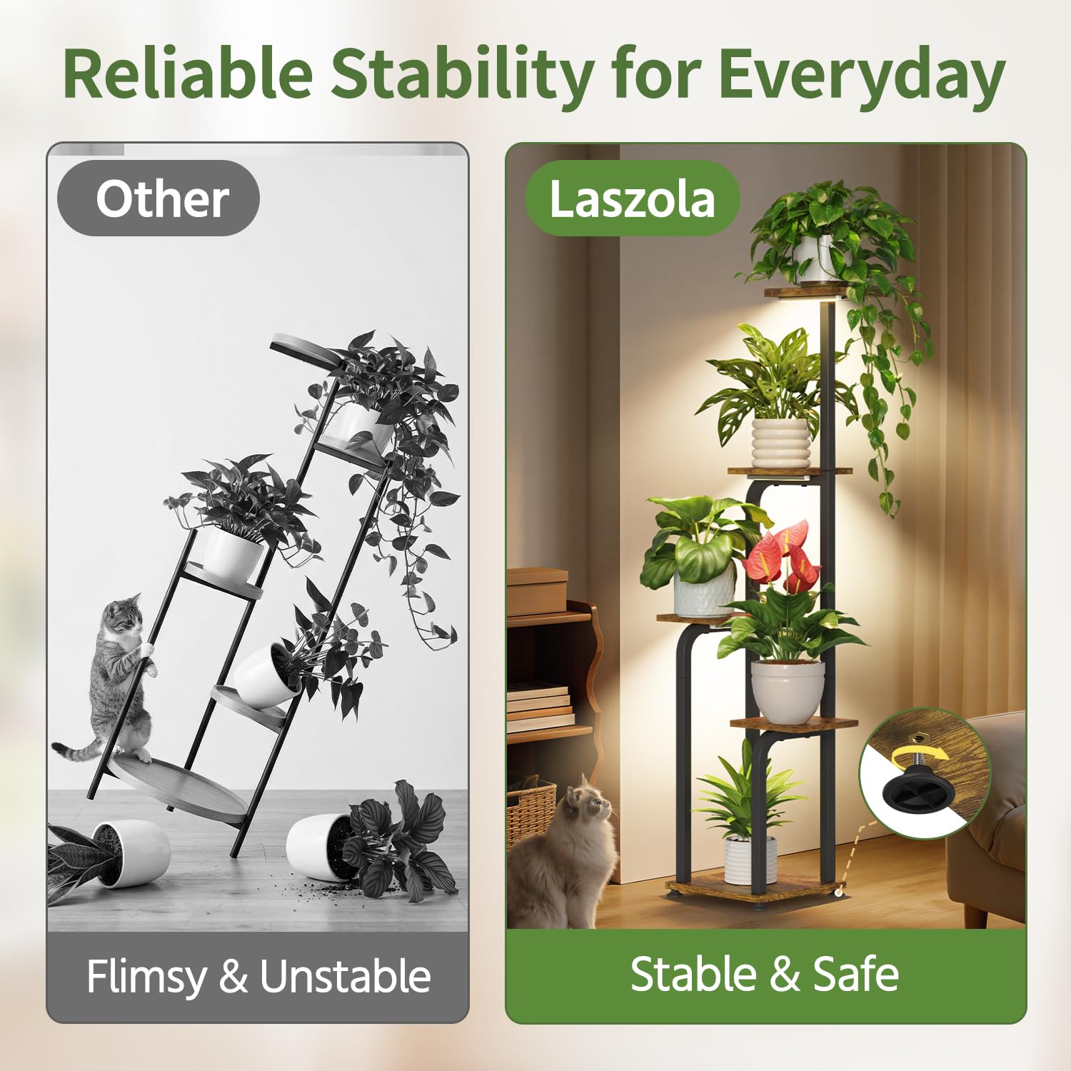 LASZOLA plant stand styled in living room to maximize corner greenery