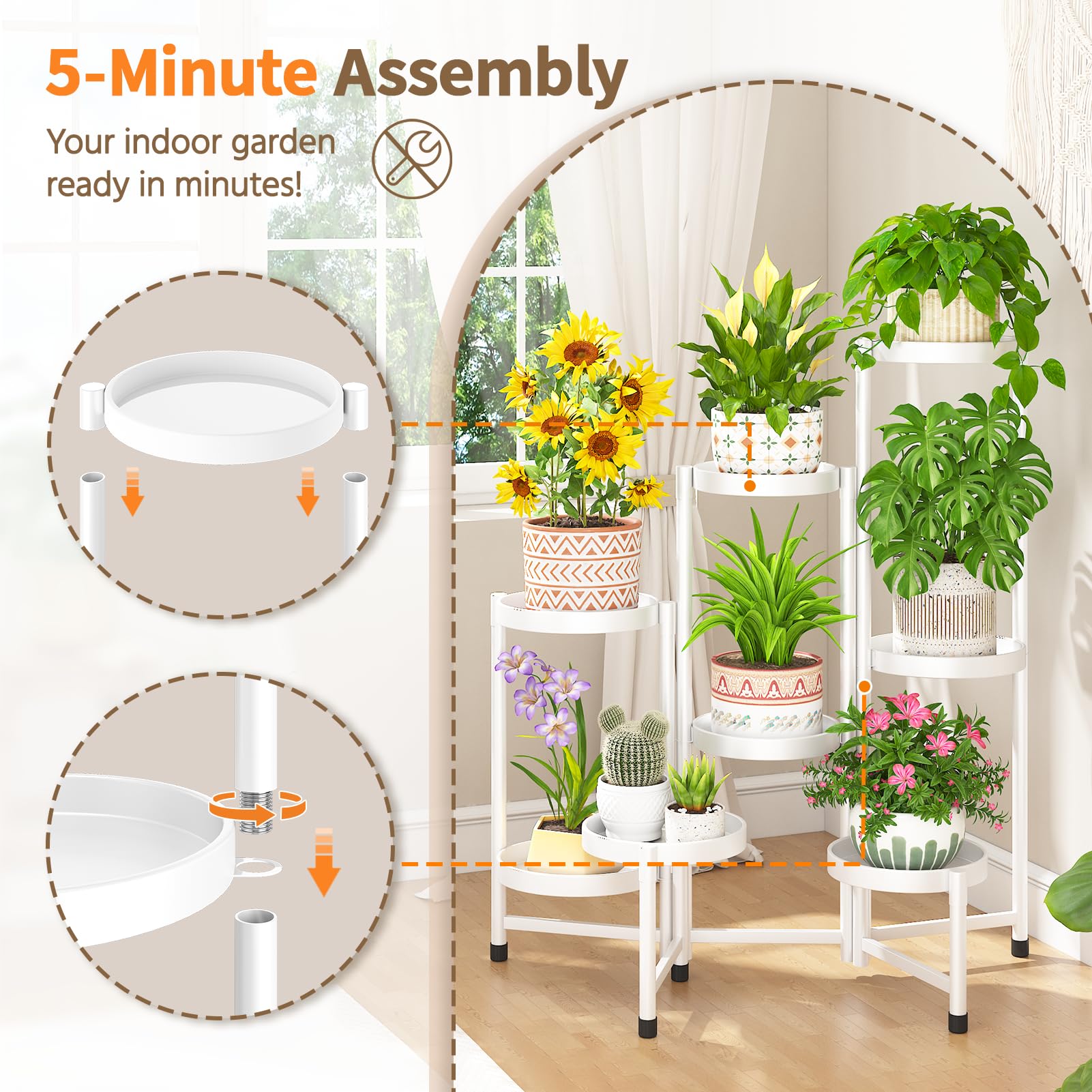 LASZOLA plant stand staged in living room enhancing décor and light