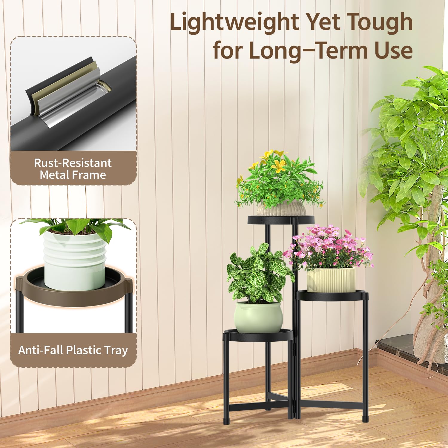 LASZOLA plant stand beside standard pots showing scale and capacity benefit