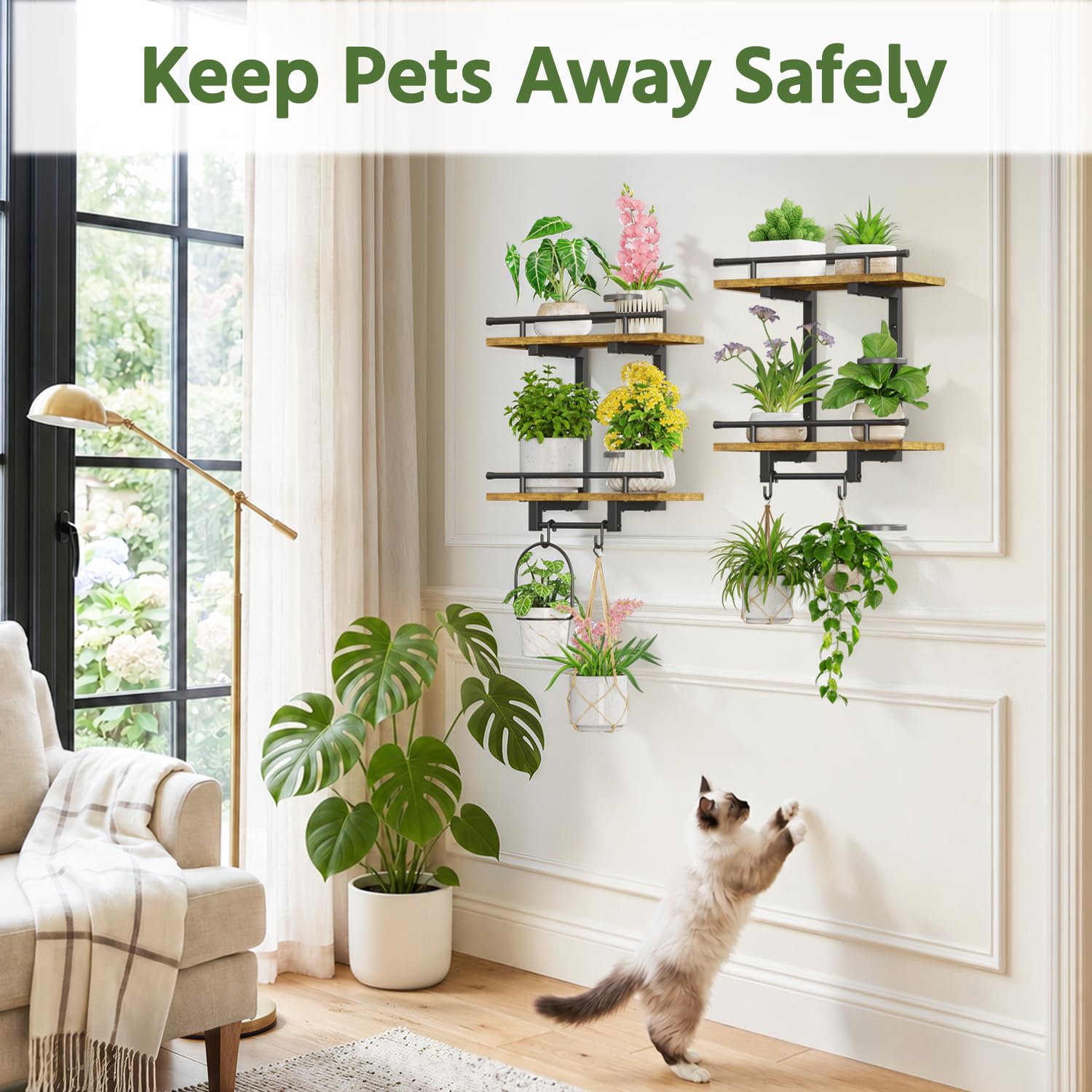 LASZOLA shelves styled with plants in living room creating a green focal and tidier floor