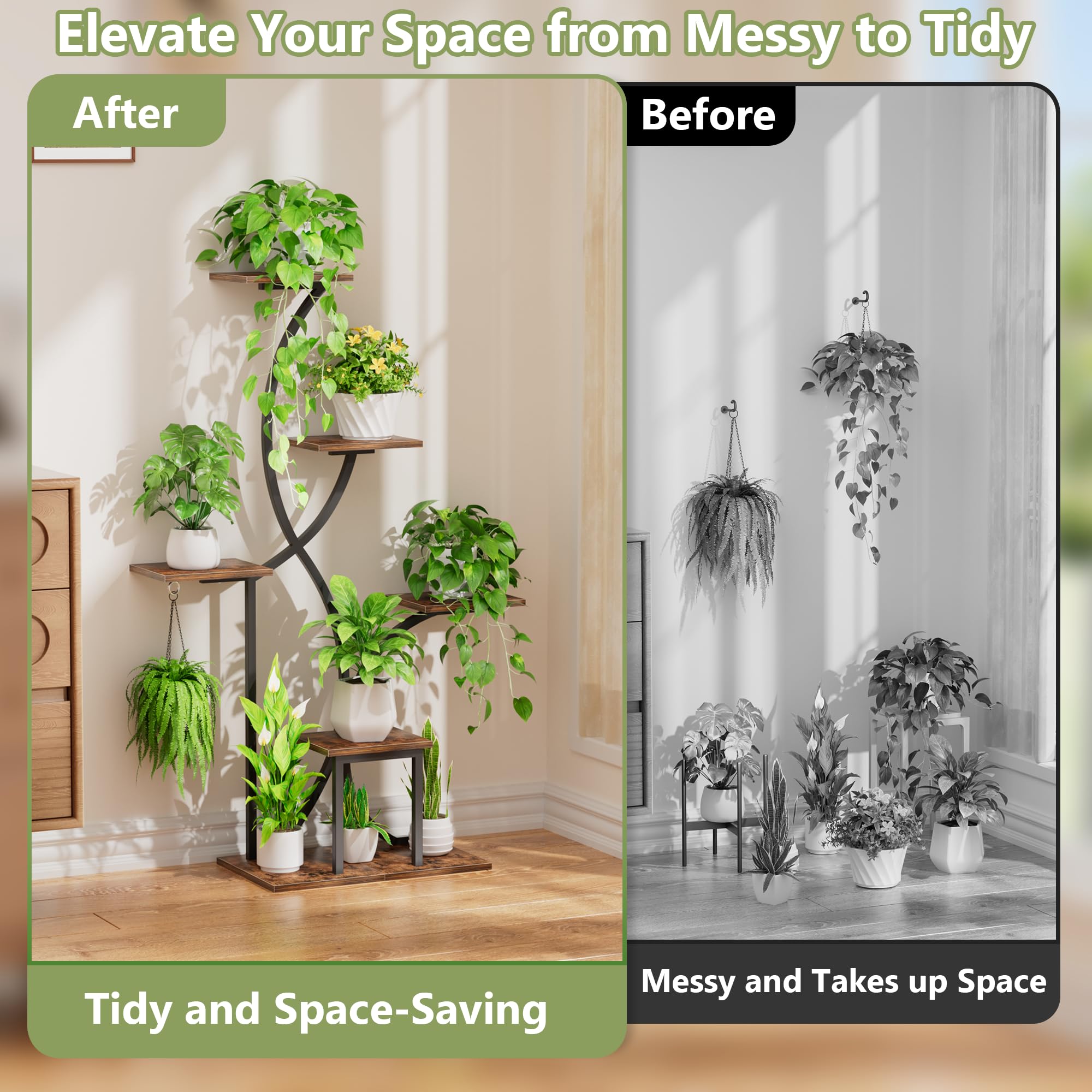 LATIBELL plant stand staged in living room showing decorative display and space-saving benefit