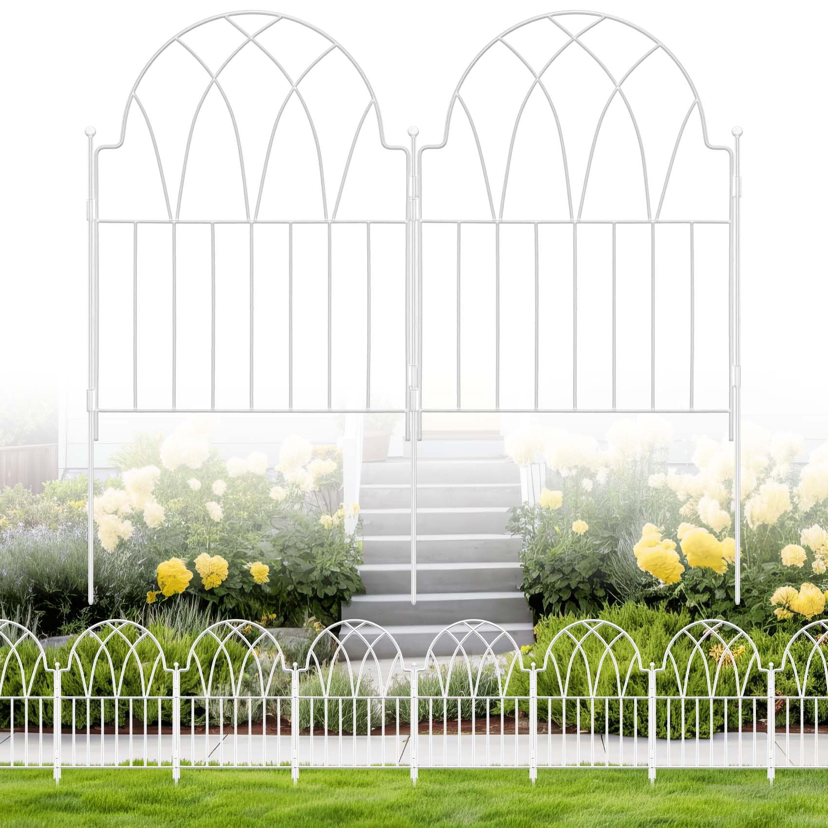 LATIHUUM front view of packaged white garden fence showing panels and stakes for easy setup
