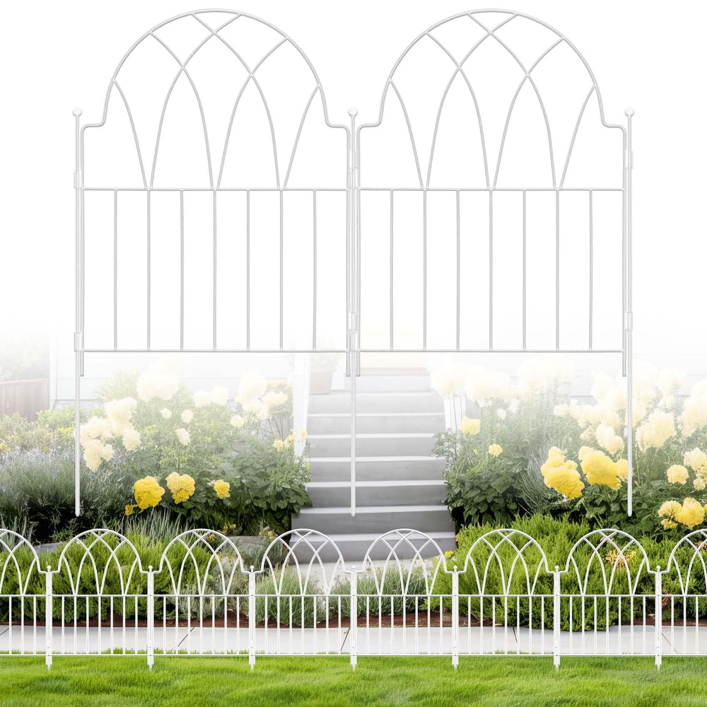 LATIHUUM front view of packaged white garden fence showing panels and stakes for easy setup