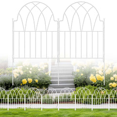 LATIHUUM front view of packaged white garden fence showing panels and stakes for easy setup