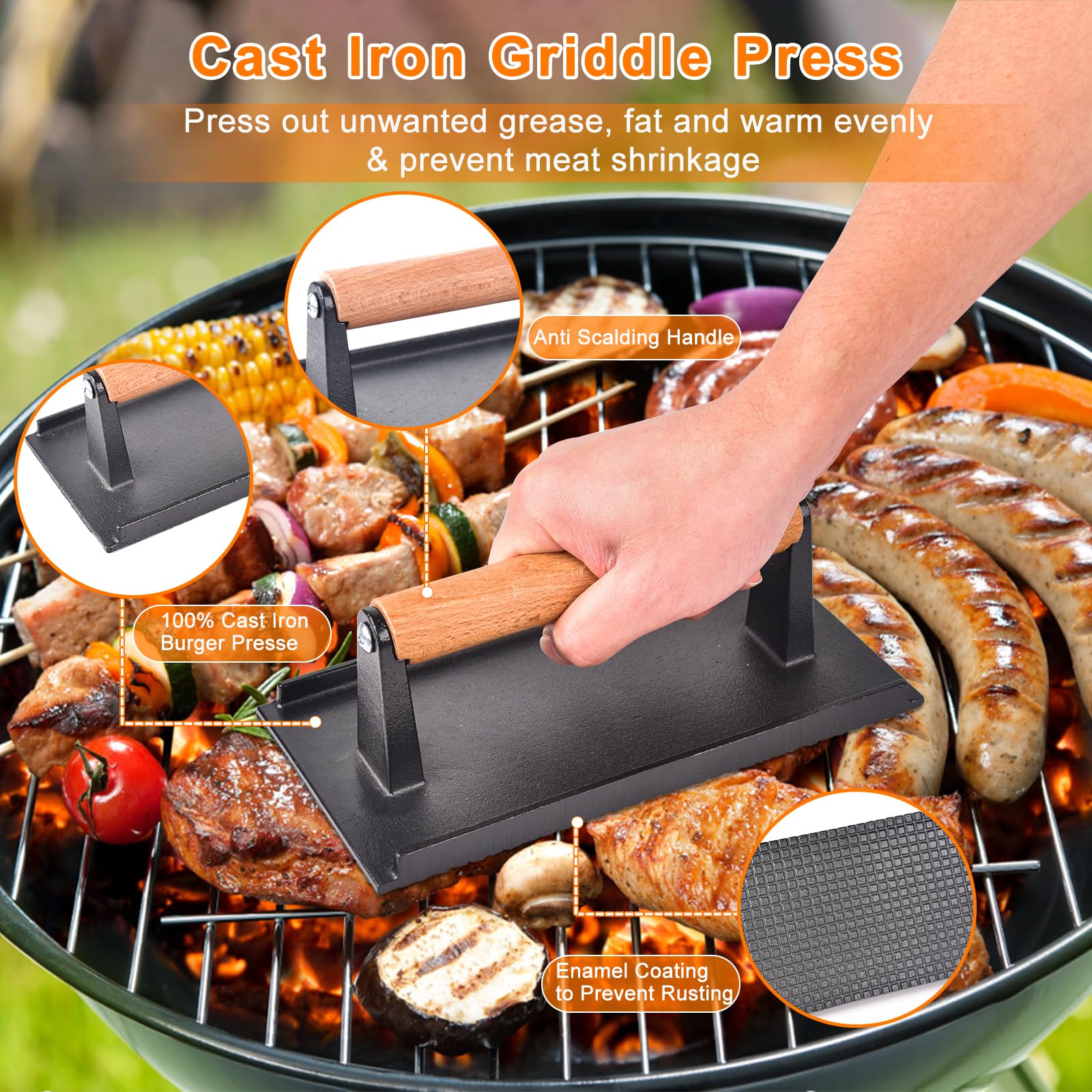 Latiret griddle press closeup showing weight and even-heat searing benefit