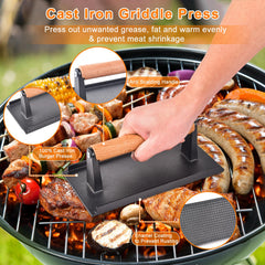 Latiret griddle press closeup showing weight and even-heat searing benefit
