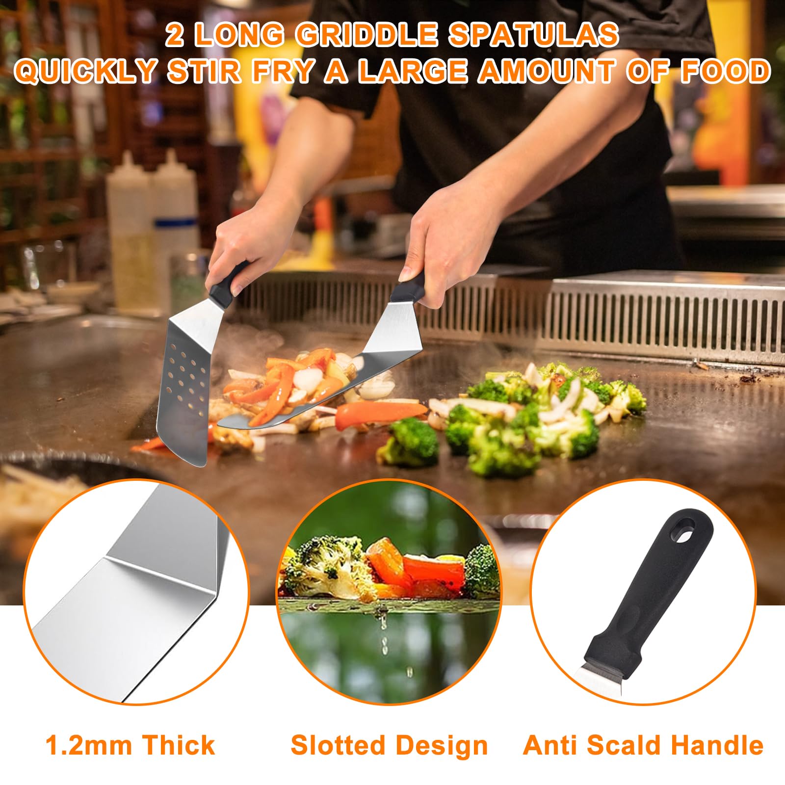 Latiret long spatula detail showcasing sturdy steel and hanging hole for convenience