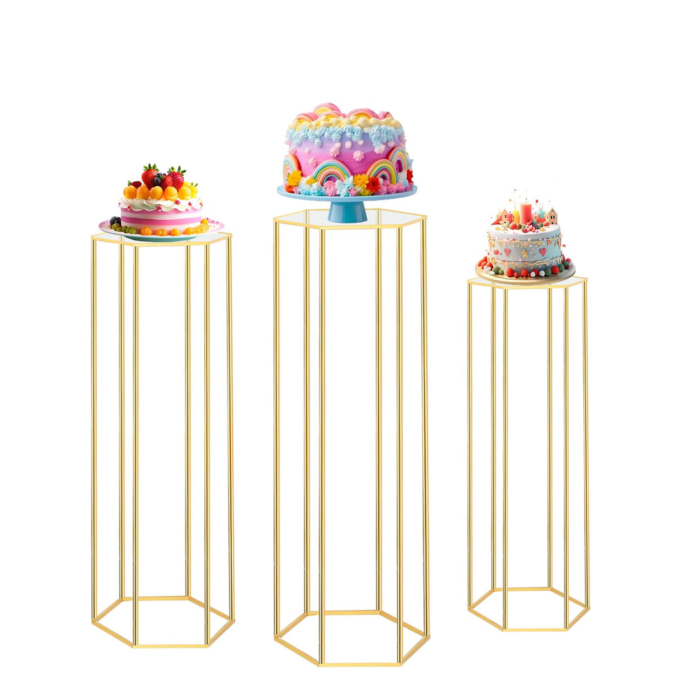 Latywen front view of three gold pedestal stands showing tiered display benefit