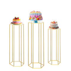 Latywen front view of three gold pedestal stands showing tiered display benefit