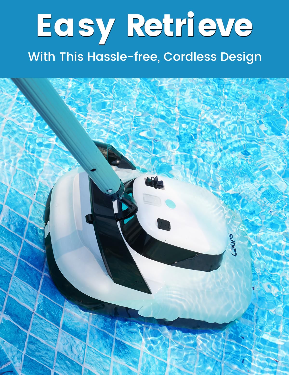 LAUNS in-pool cleaning action removing leaves and sand quietly