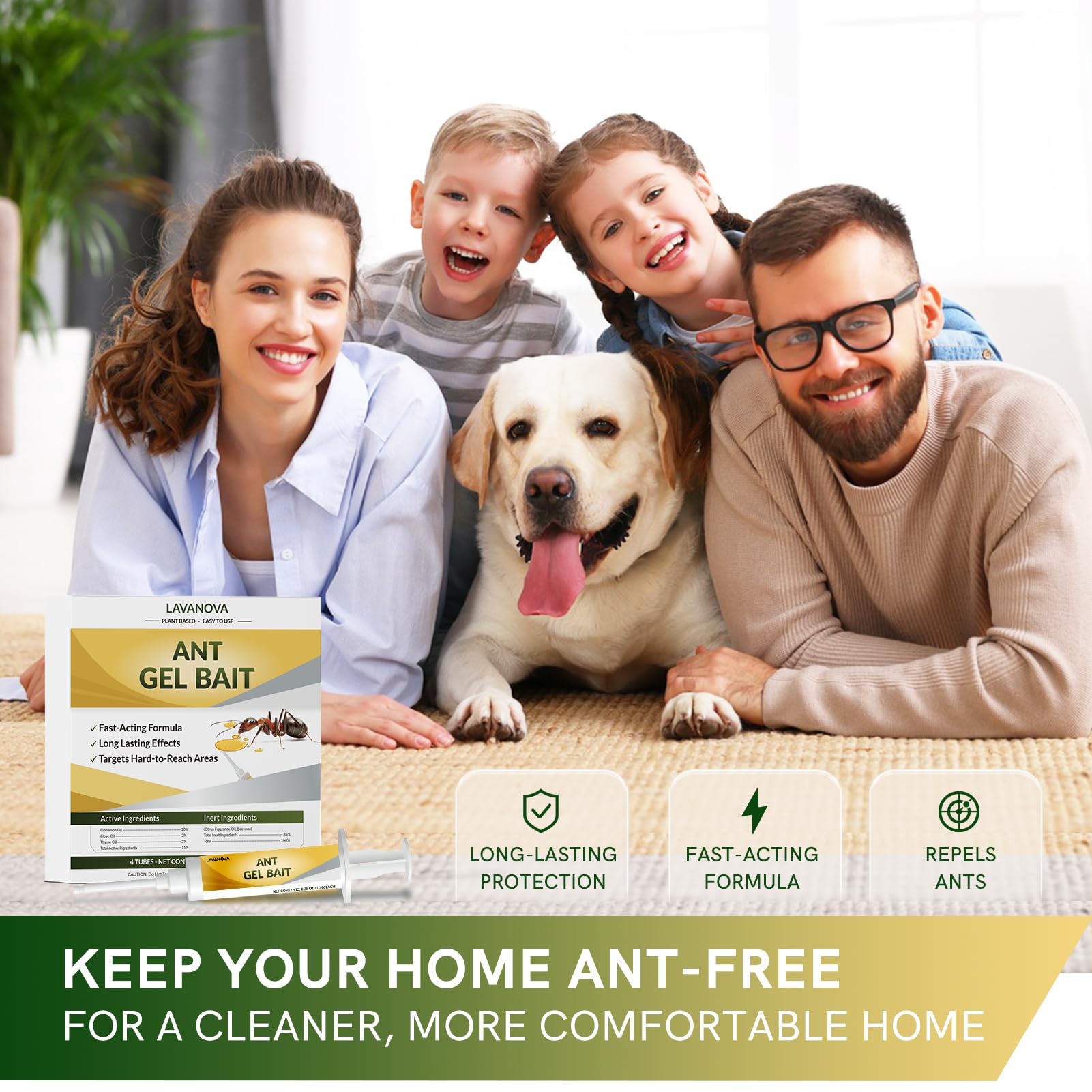 LAVANOVA four 10g tubes laid out for multi-area ant treatment and convenience