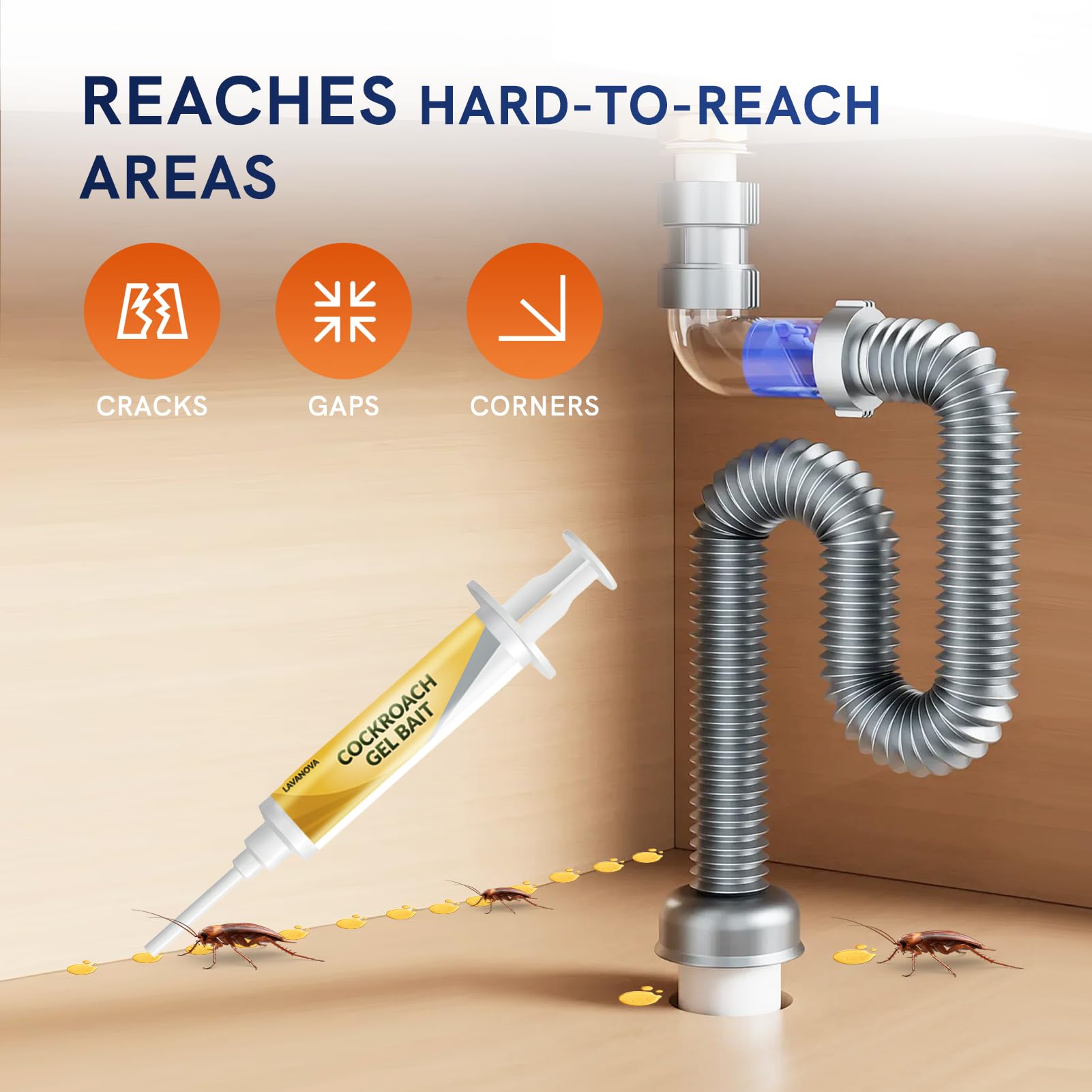 LAVANOVA small gel dots in a floor crack illustrating targeted roach treatment