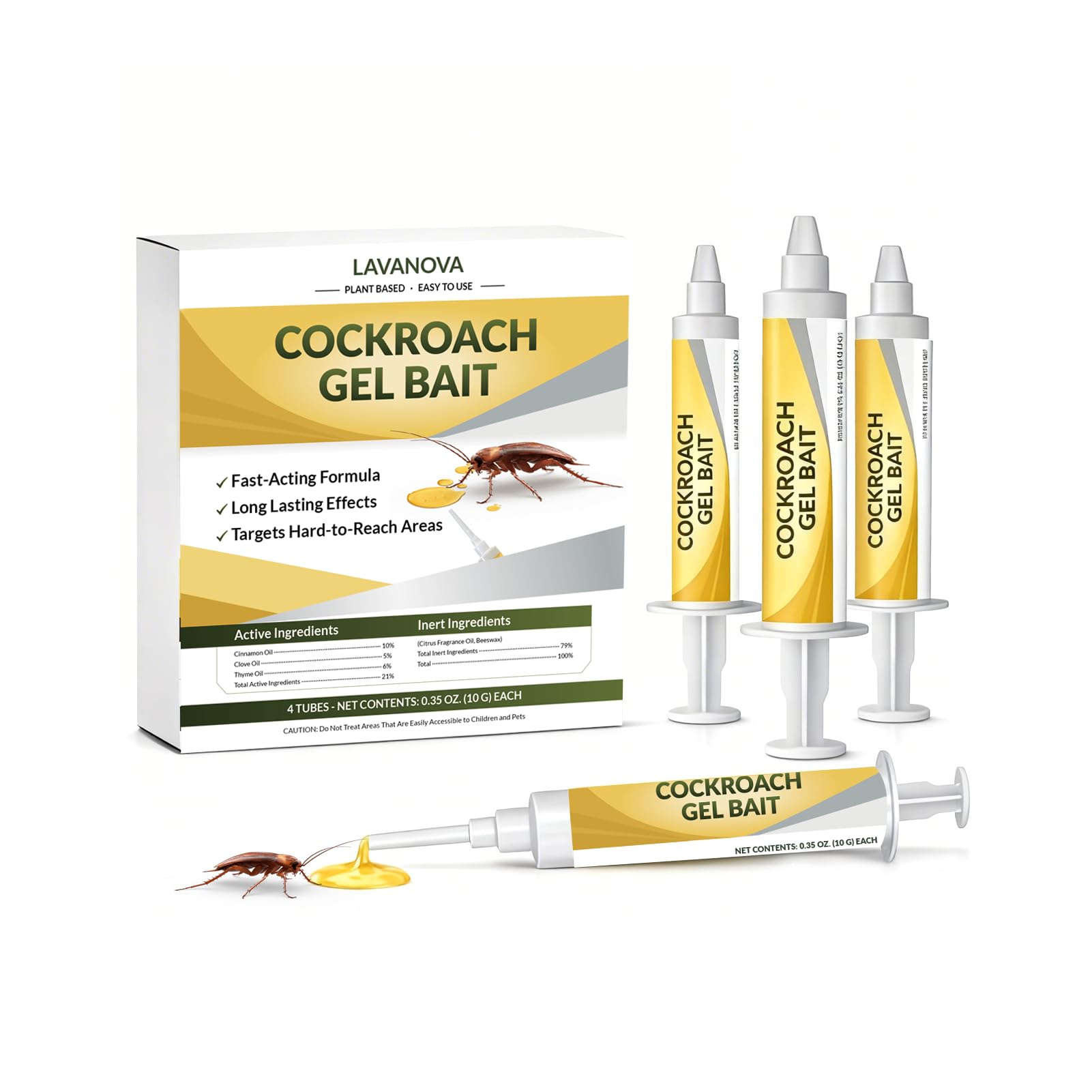 LAVANOVA front packaging showing four roach gel tubes with clear labeling and benefits