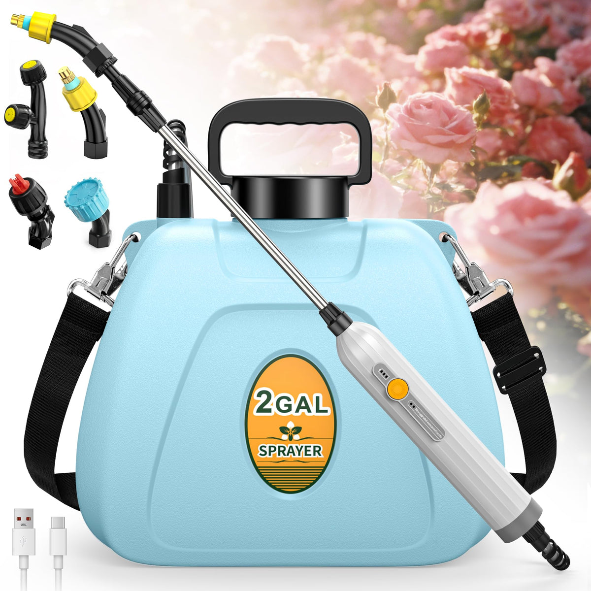 Lavendex front view of sprayer showing full unit and large 2-gallon tank for longer work
