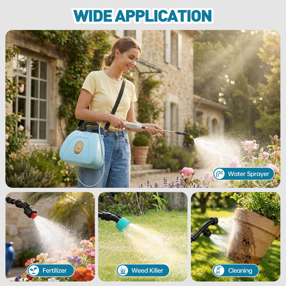 Lavendex sprayer in garden use showing comfortable shoulder strap and efficient spraying