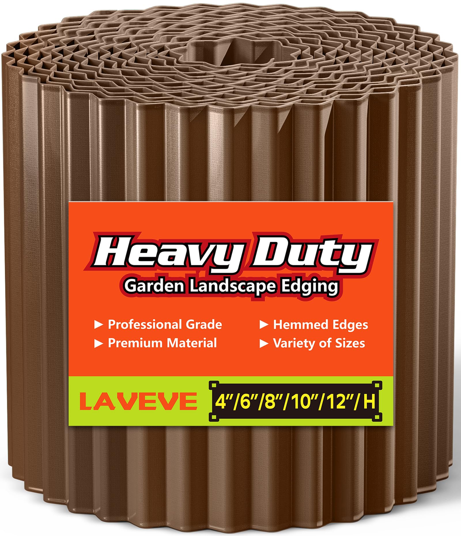 LAVEVE front view of coffee-colored 6in x 40ft edging showing full coil and packaging benefit