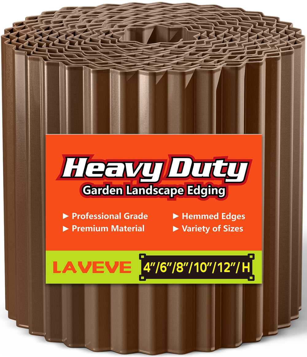 LAVEVE front view of coffee-colored 6in x 40ft edging showing full coil and packaging benefit