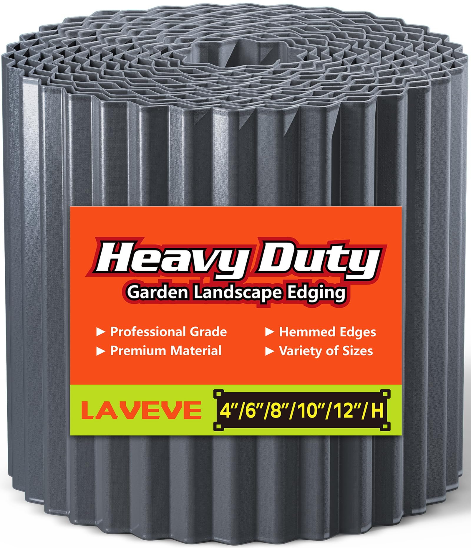 LAVEVE front view of dark gray 6-inch corrugated garden edging showing full roll